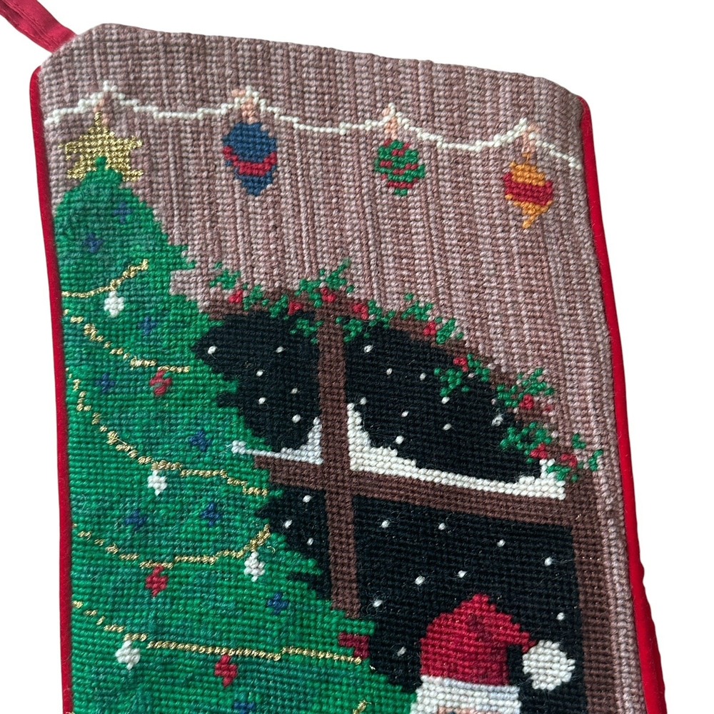 VTG Needlepoint Christmas Stocking 18 Inch Santa Tree Window Wool‎ Red Velvet - Picture 2 of 10